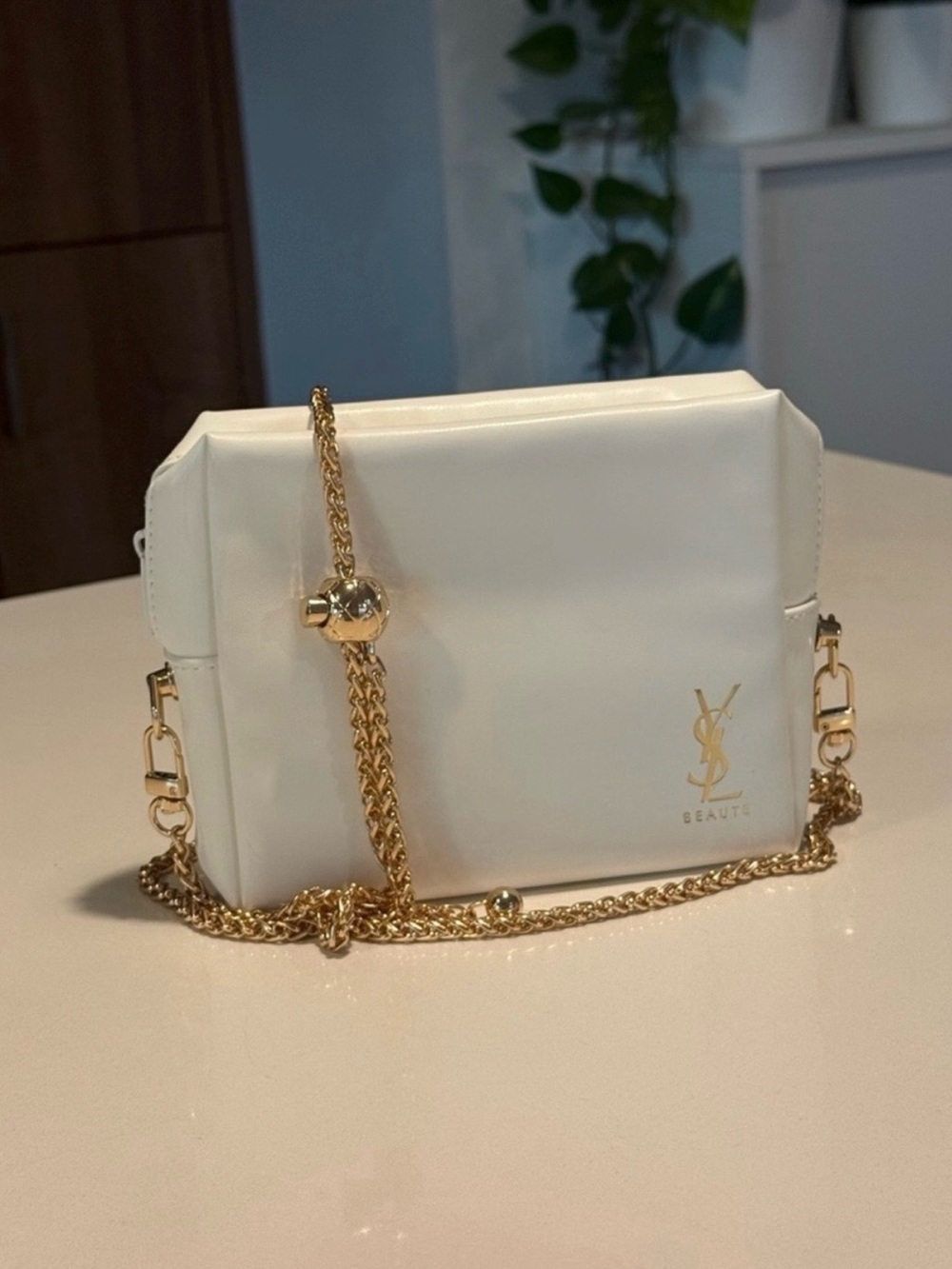 Yves Saint Laurent Cream Leather Pouch Converted to Crossbody with Gold Chain